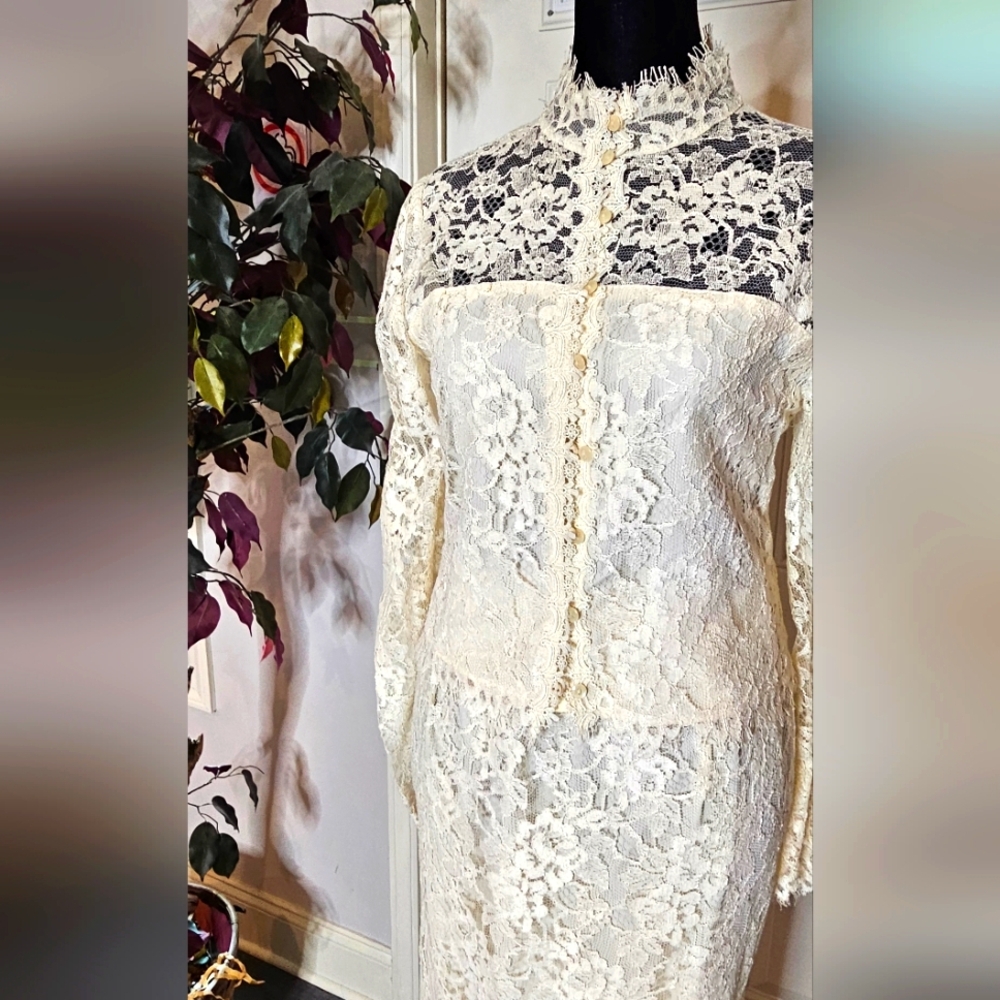Vintage Scott McClintock Gunne Sax Ivory Lace 2-Piece Set Jacket & Skirt Size 6